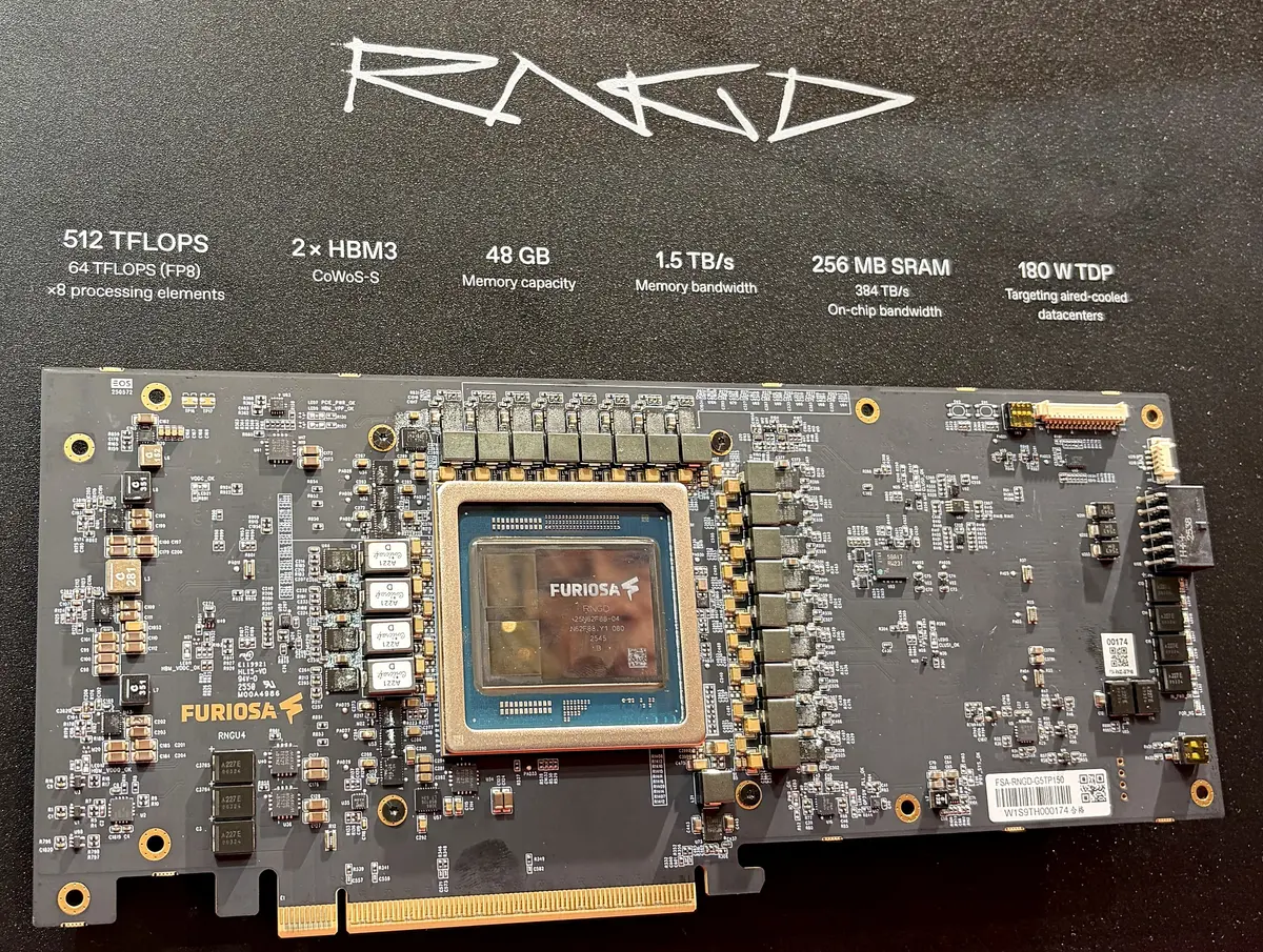 The FuriosaAI RNGD accelerator board and its specification panel on display at the exhibition.